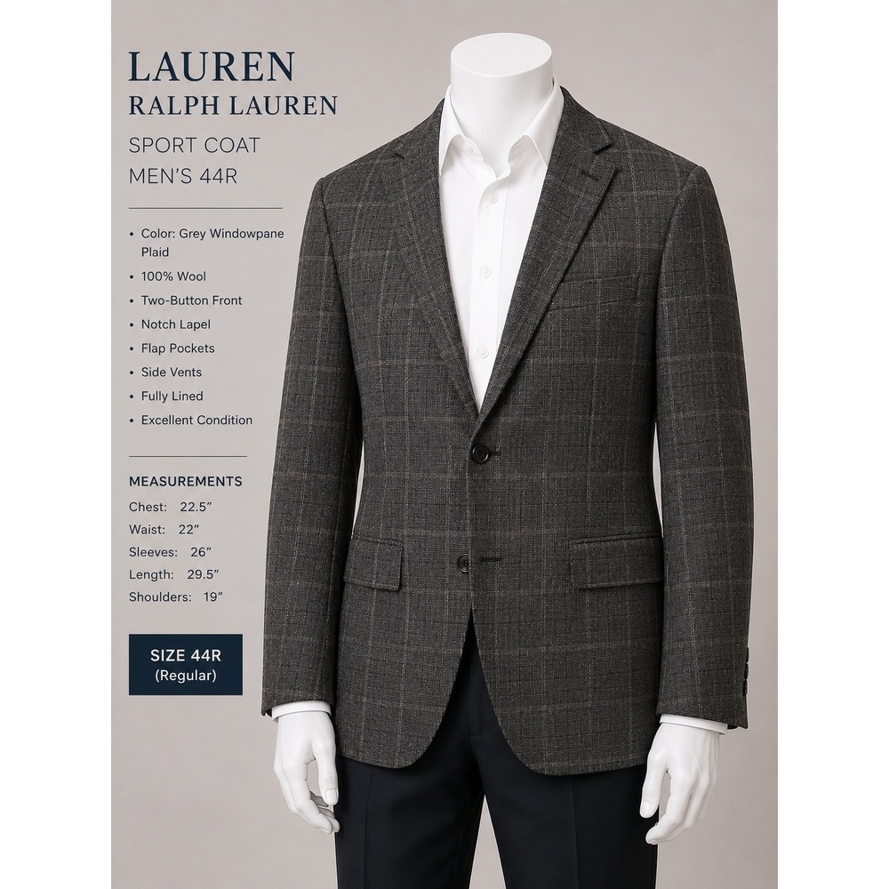 Lauren Ralph Lauren Sport Coat Mens 44R Taupe Windowpane Plaid Blazer Academia